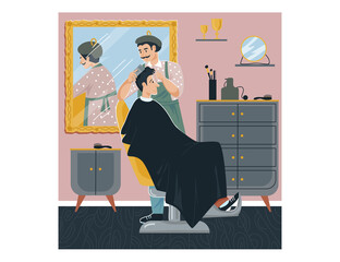 Man barbershop, hairdresser character male cut hair person, modern fashion hairstyle isolated on white, flat vector illustration. Vintage hairdressing salon, design concept barber place.