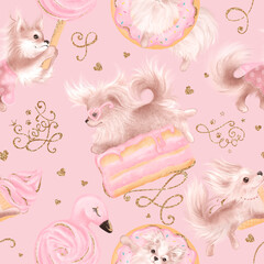 Cute dogs and sweets pink seamless pattern. 