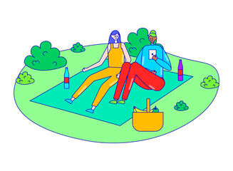 Female companion picnic on outdoor garden field, woman rest forest park isolated on white, line flat vector illustration. Person together relaxing, cheerful time spend, best friend girl communicate.