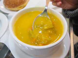 Pumpkin soup at the pastelier, Lisboa, Portugal