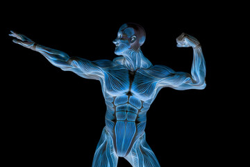 muscleman anatomy heroic body doing a bodybuilder pose eleven in white background