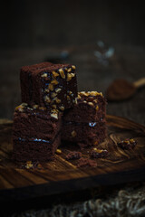 Chocolate brownie cake on a wooden table