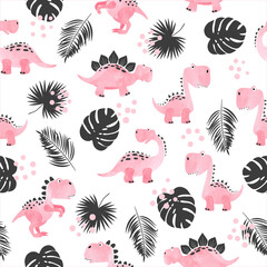 Seamless cute pink cartoon dinosaurs pattern. Vector watercolor dino background for kids.