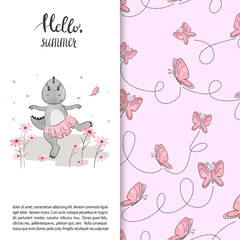 Cute cartoon dinosaur girl with butterfly pattern. Baby dino print.	