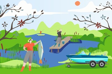 Fisherman people boat with fish vector illustration. Summer outdoor hobbies. Man character on lake hold excellent catch in hand. Person on bridge holds rod with bait. Dinghy ready to sail.