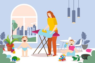 House work people at home, vector illustration. Unhappy tired mother stroking clothes. Little children cry. Baby boy sitting on potty. Toys scattered around room, potted flowers broken.