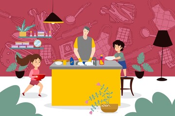 House work people at kitchen, vector illustration. Cartoon family clean room with children, parent character washing dishes. Happy cartoon kids bring plates, family work together indoor.