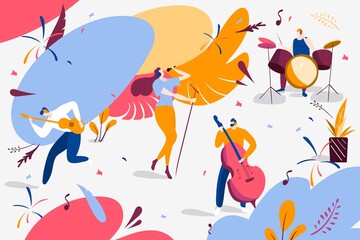 Musical band concert performance, vector illustration. Singer character near microphone with musicians cello, guitar, cartoon drums. Group playing instrument music, woman sing jazz song.