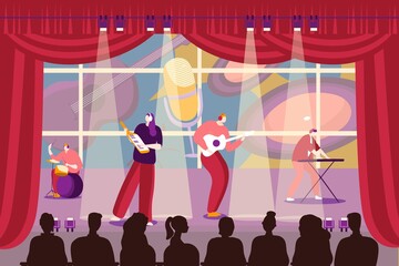 Band people playing music at stage,vector illustration. Cartoon man woman character musicians at performance, musical group. Show with guitar, piano and drums, flat banner. Art entertainment.