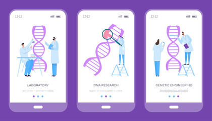 Scientist exploring human dna genome, vector illustration. People flat character conduct medical research at cartoon laboratory.Science genetic technology, helix, gene and molecule.