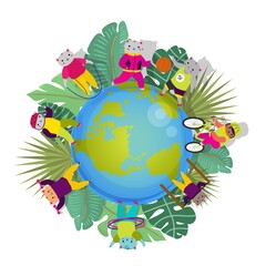 Sport cat cartoon character at planet, vector illustration. Cute animal training, fitness exercise. Pet play basketball, ride bicycle, run and jump rope. Fun activity for lose weight, workout.