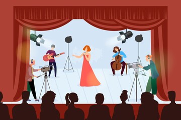 Musician group concert vector illustration. People performance with instrument music, playing on cartoon stage with guitar, cello and singer female. Adult player character man woman classical artist.