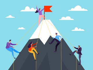 Business people climbing on mountain, vector illustration. Success achievement by flat leadership concept, climb career peak. Man woman climber character on rock, teamwork cartoon goal.