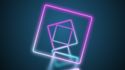 Fototapeta premium Flying through glowing rotating neon squares creating a tunnel, blue red pink violet spectrum.