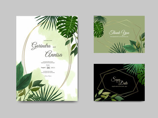  Wedding invitation card template set with tropical leaves decoration Premium Vector