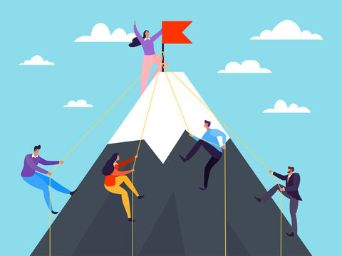 Business People Climbing On Mountain, Vector Illustration. Success Achievement By Flat Leadership Concept, Climb Career Peak. Man Woman Climber Character On Rock, Teamwork Cartoon Goal.