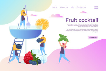 Homemade cocktail recipes, landing page vector Illustration. Refreshing drink made from blueberries, peppermint, slice lemon quench thirst in summer. People preparing fruit lemonade with ice.