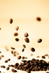 cup, coffee beans and wood