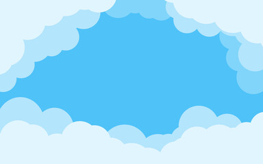 Cover blue sky with border of white clouds. Background cartoon flat style of air backdrop. Cloudy heaven scene layered effect. Abstract text box for poster, flyer, postcard, banner Vector illustration