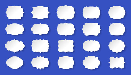 Label frames white paper set. Royal wedding sticker tag with shadows. Decorative vintage empty frame collection. Silhouette, various shape template banner. Isolated vector illustration