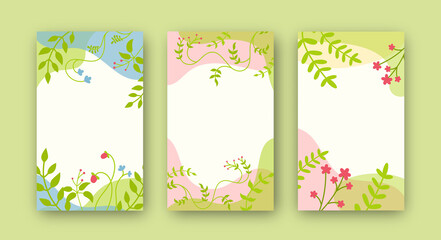 Fototapeta na wymiar Cards with floral elements collection set. Trendy creative background leaves, flower. Floral frame design, botanical abstract composition. Space for text banners, posters or flyer. Vector illustration