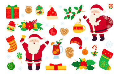 Christmas and New Year set. Holly cupcake, bell, cup, hat, santa and cookies gift, mulled wine. Flat cartoon design elements. New year, christmas objects collection. Isolated vector illustration