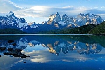 The Paine Massif and Los Cuernos reflected in Pehoe Lake, Torres del Paine National Park, Patagonia, Chile