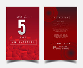 5th Years Anniversary Invitation/Greeting Card with Flat Design and Elegant, Isolated on Red Background. Vector illustration.
