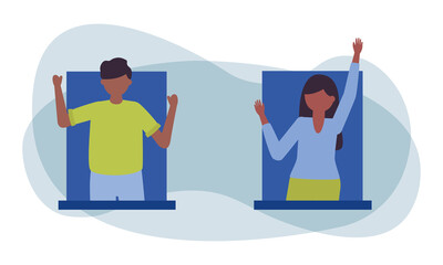 woman and man avatar at window vector design