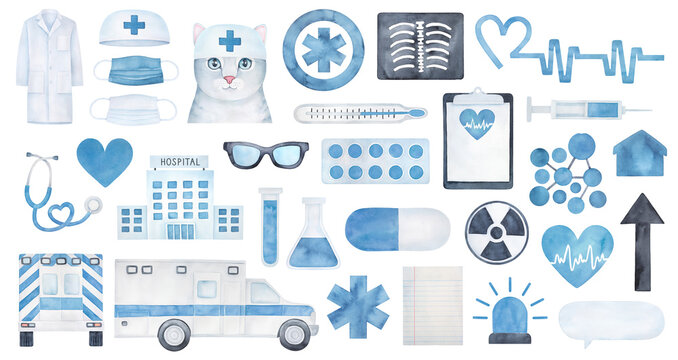 Watercolour drawing collection of various medical objects and signs: hospital building, lab coat, xray scan, heartbeat, life star, drugs, cat, ambulance car. Hand painted graphic clipart for design.