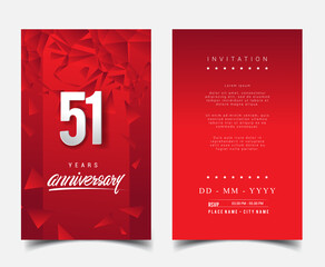 51st Years Anniversary Invitation/Greeting Card with Flat Design and Elegant, Isolated on Red Background. Vector illustration.