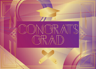 Art Deco Congrats grad text. Decorative greeting card, sign with vintage letters.