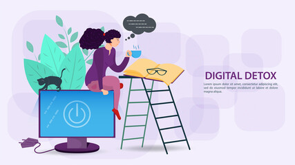 Digital detox banner concept for web and mobile sites a Girl reading a book sitting on a computer monitor flat vector illustration
