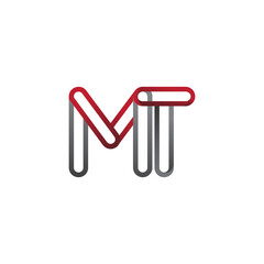 initial logo letter MT, linked outline red and grey colored, rounded logotype