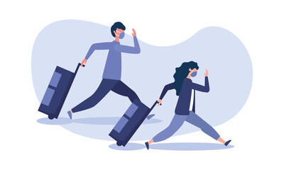 Man and woman with medical mask and bag vector design