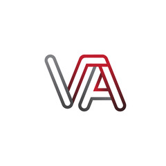 initial logo letter VA, linked outline red and grey colored, rounded logotype