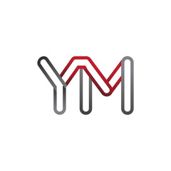 initial logo letter YM, linked outline red and grey colored, rounded logotype