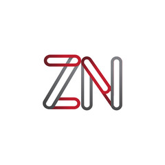 initial logo letter ZN, linked outline red and grey colored, rounded logotype