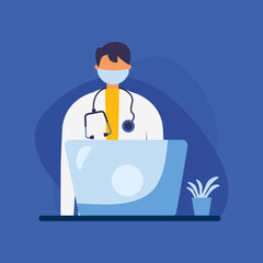 male doctor with uniform laptop and mask vector design