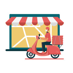 laptop with delivery map and man with mask vector design