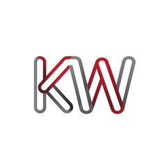 initial logo letter KW, linked outline red and grey colored, rounded logotype