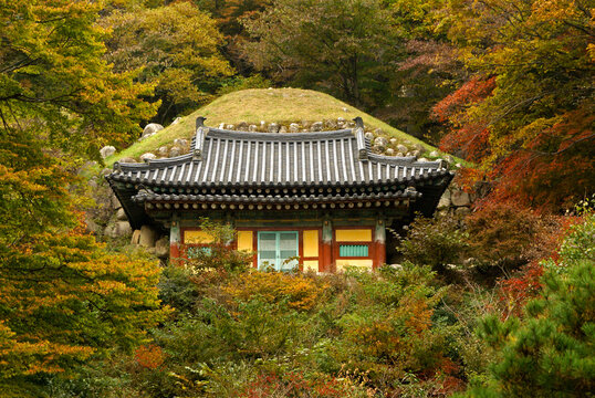Autumn colors surround Seokguram Grotto containing a Buddha image, Gyeongju, South Korea