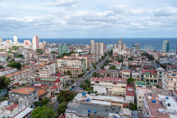 Fototapeta na wymiar Aerial views of Havana, Cuba. Skyline cityscape with view of ocean and malecon coast. 