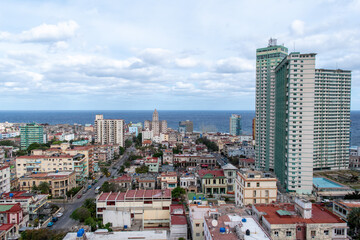 Fototapeta premium Aerial views of Havana, Cuba. Skyline cityscape with view of ocean and malecon coast. 