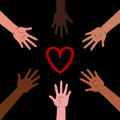 Hands multinational organized in a circle, reaching for red heart. Anti racism, racial equality, different colors same blood concept.Black lives matter, stop racism, equality banner poster.democracy, 