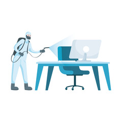 Fototapeta premium Man with protective suit spraying office desk vector design