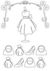 드레스, 구두, 옷가게 일러스트, 라인일러스트, stencil, dress, bag