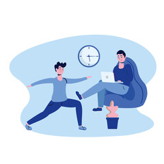 Man with laptop on puf and other doing yoga vector design