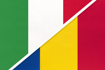 Italy and Romania, symbol of two national flags from textile. Championship between two European countries.