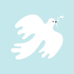 Silhouette of white dove with flower flying on blue background.